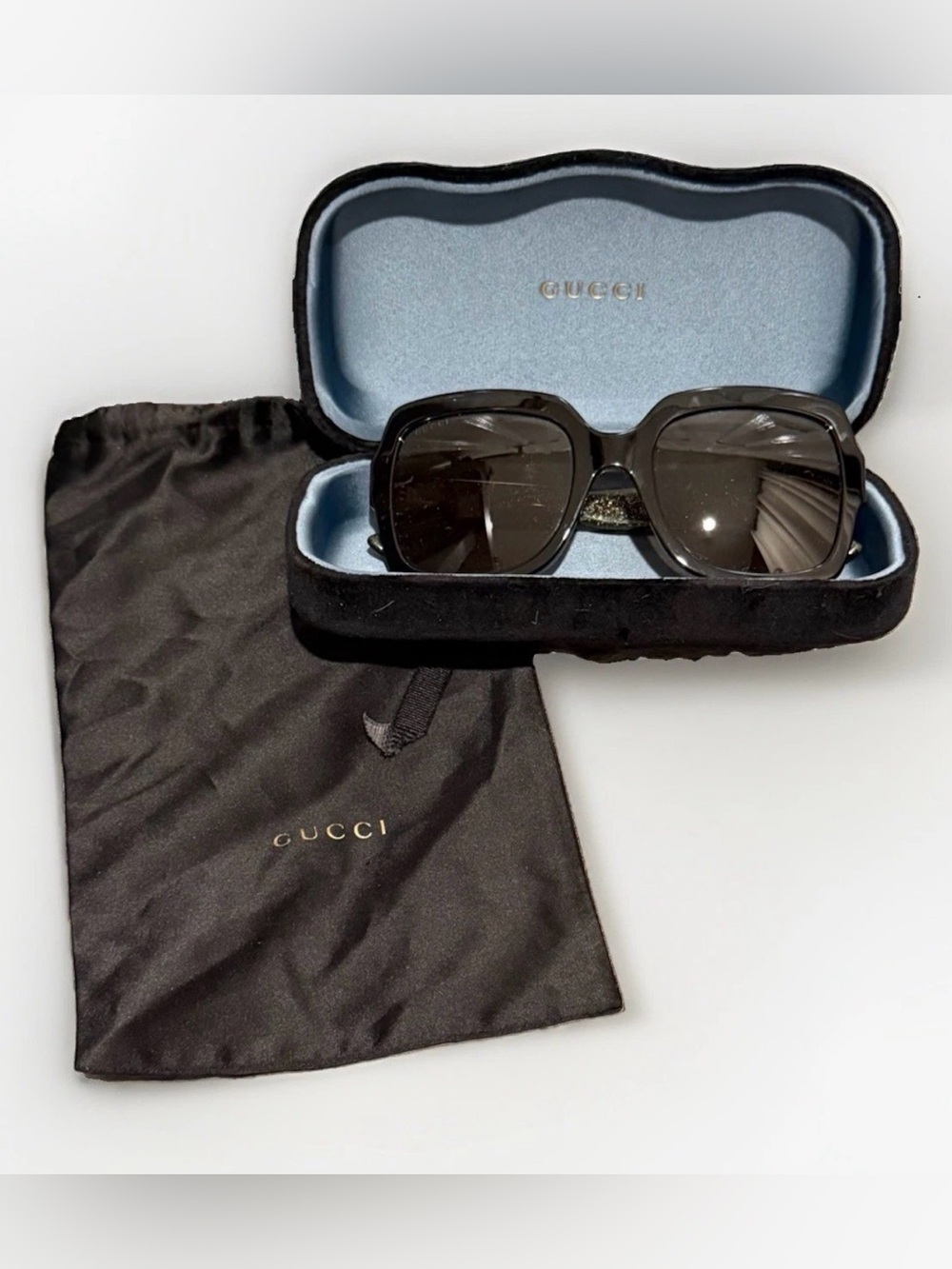 Authentic Gucci Oversized Square Sunglasses Black Glitter Web Stripe GG Logo